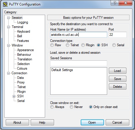 Putty configuration for logging into Aristotle